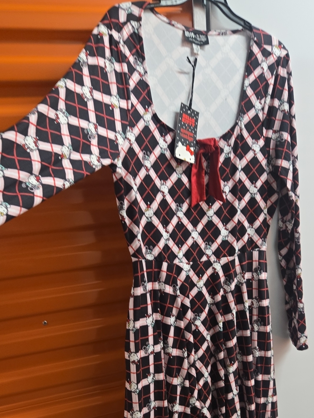 Hello Kitty Black and Pink Plaid Tie-Front Fit-and-Flare Dress